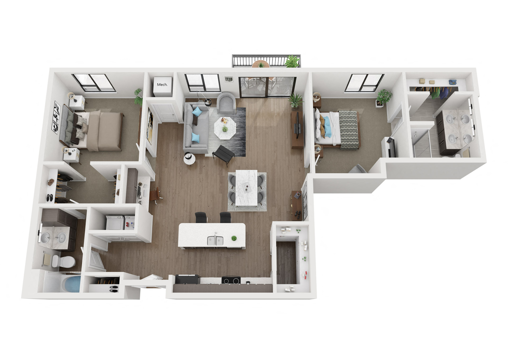Floor plan for 2 beds, 2 baths, 1354 sqft